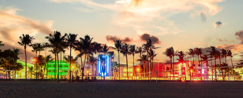 Miami Beach Ocean Drive hotels and restaurants at sunset.